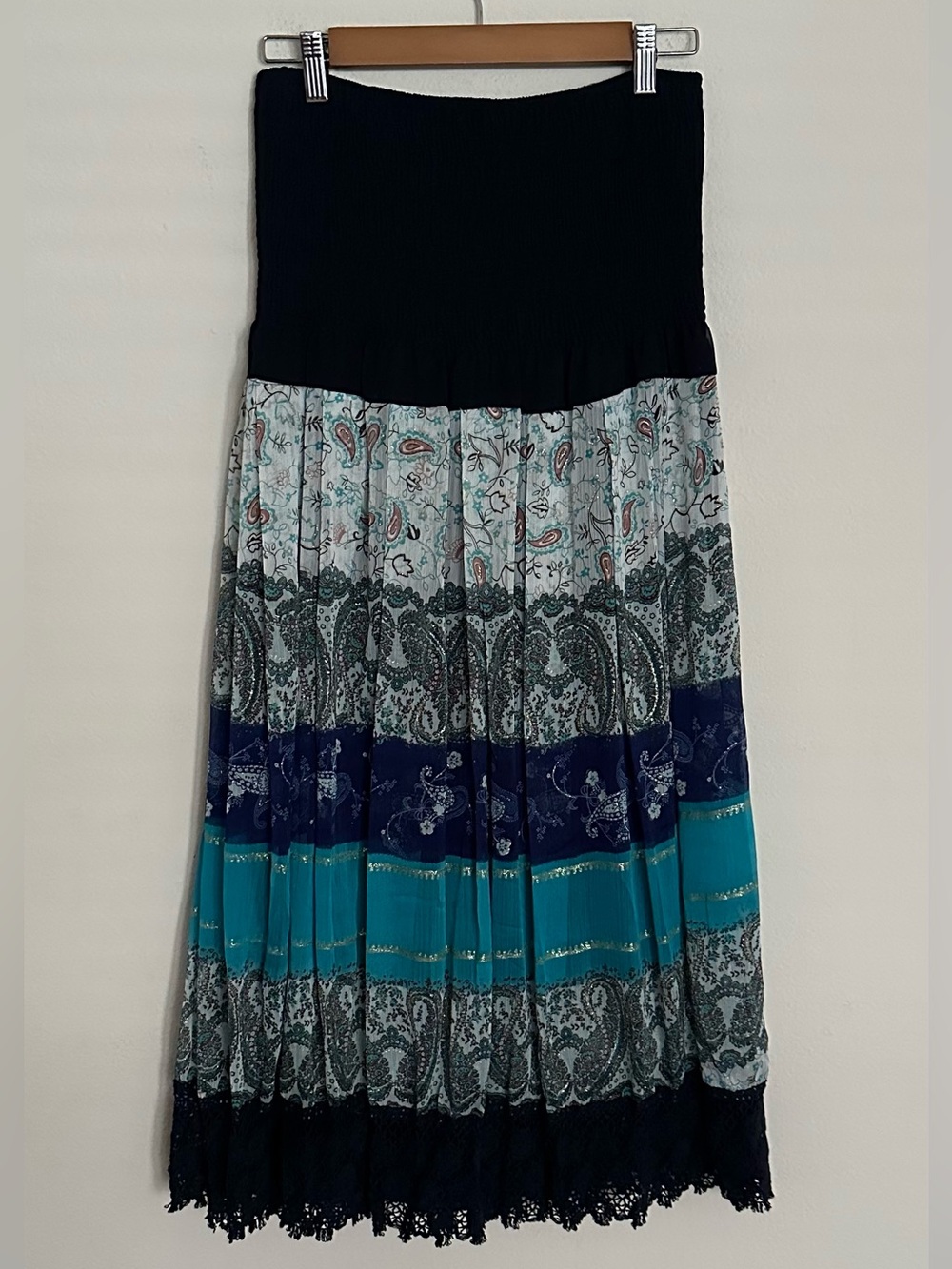 TERIA YABAR Strapless Boho Midi Dress in Navy and Teal Paisley - Picture 5 of 14